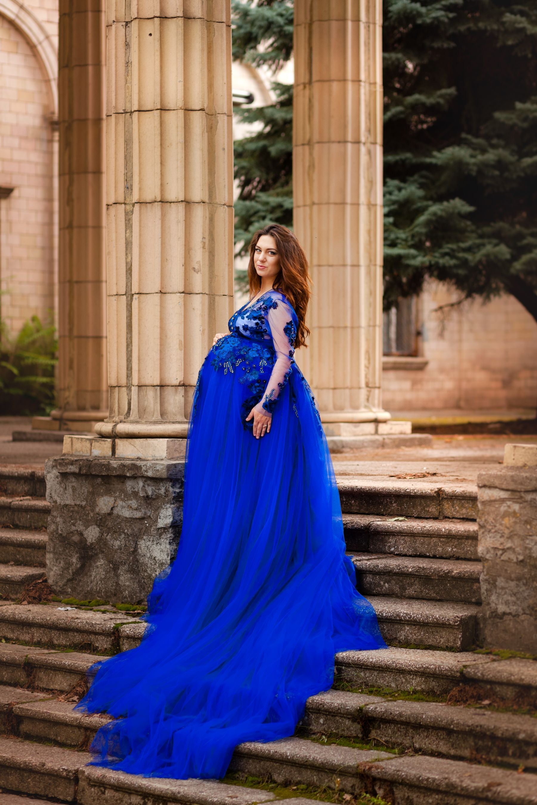 blue lace maternity dress for photoshoot Blue Lace Short Sleeves Maternity Dress Photoshoot Gown