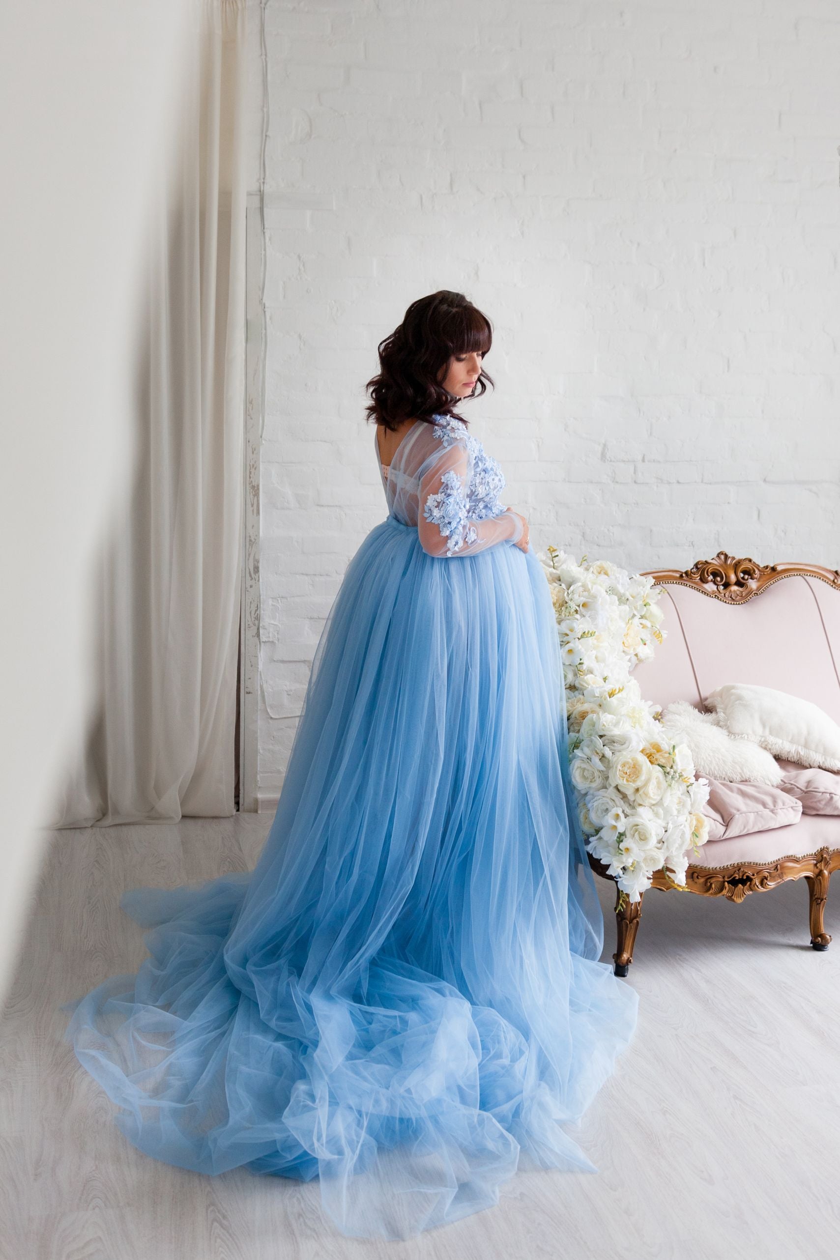 Festive maternity dress "Anete" in blue color Festive maternity dress "Anete" in blue color