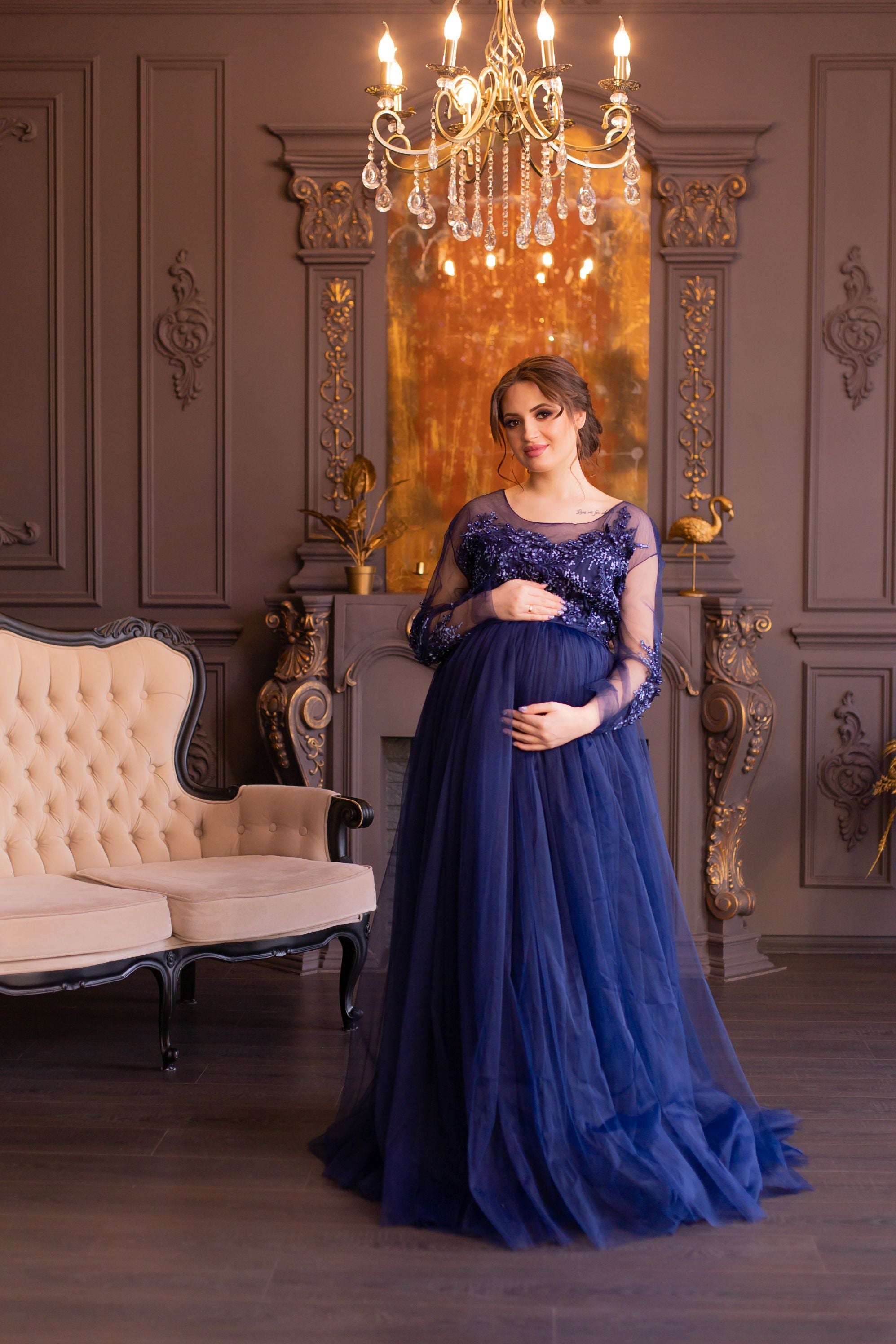 Dark blue maternity dress "Emilija" decorated with 3D beaded lace Dark blue maternity dress "Emilija" decorated with 3D beaded lace