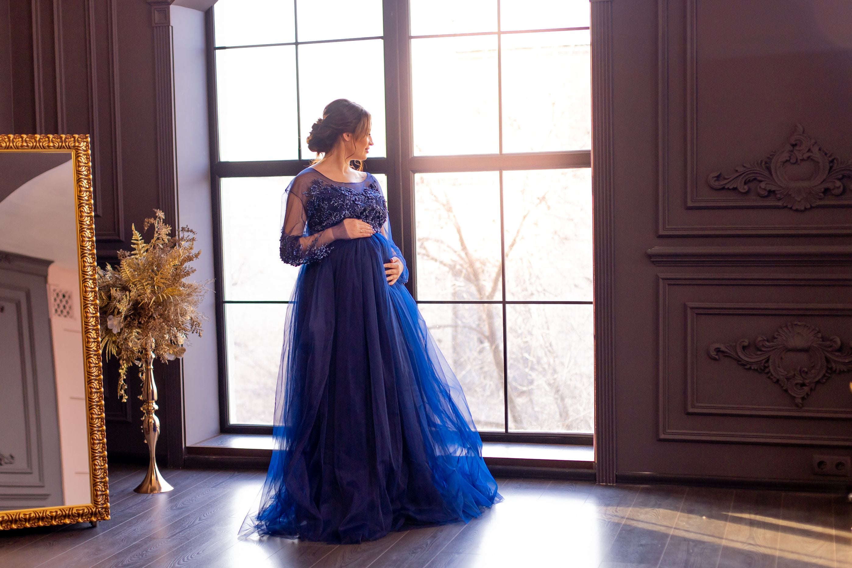 Dark blue maternity dress "Emilija" decorated with 3D beaded lace Dark blue maternity dress "Emilija" decorated with 3D beaded lace