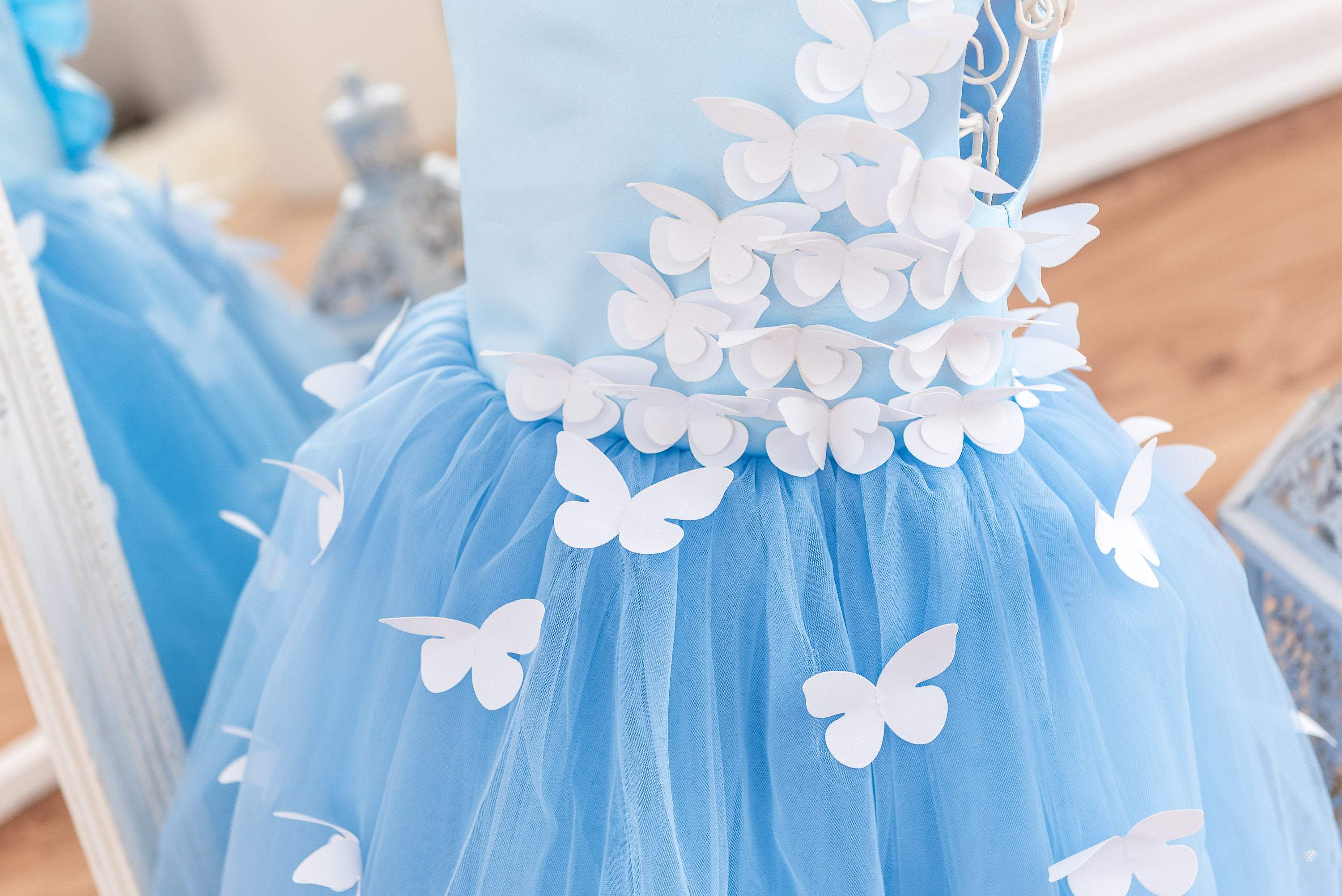 Light blue dress with white butterflies "Claire" for little princesses Light blue dress with white butterflies "Claire" for little princesses