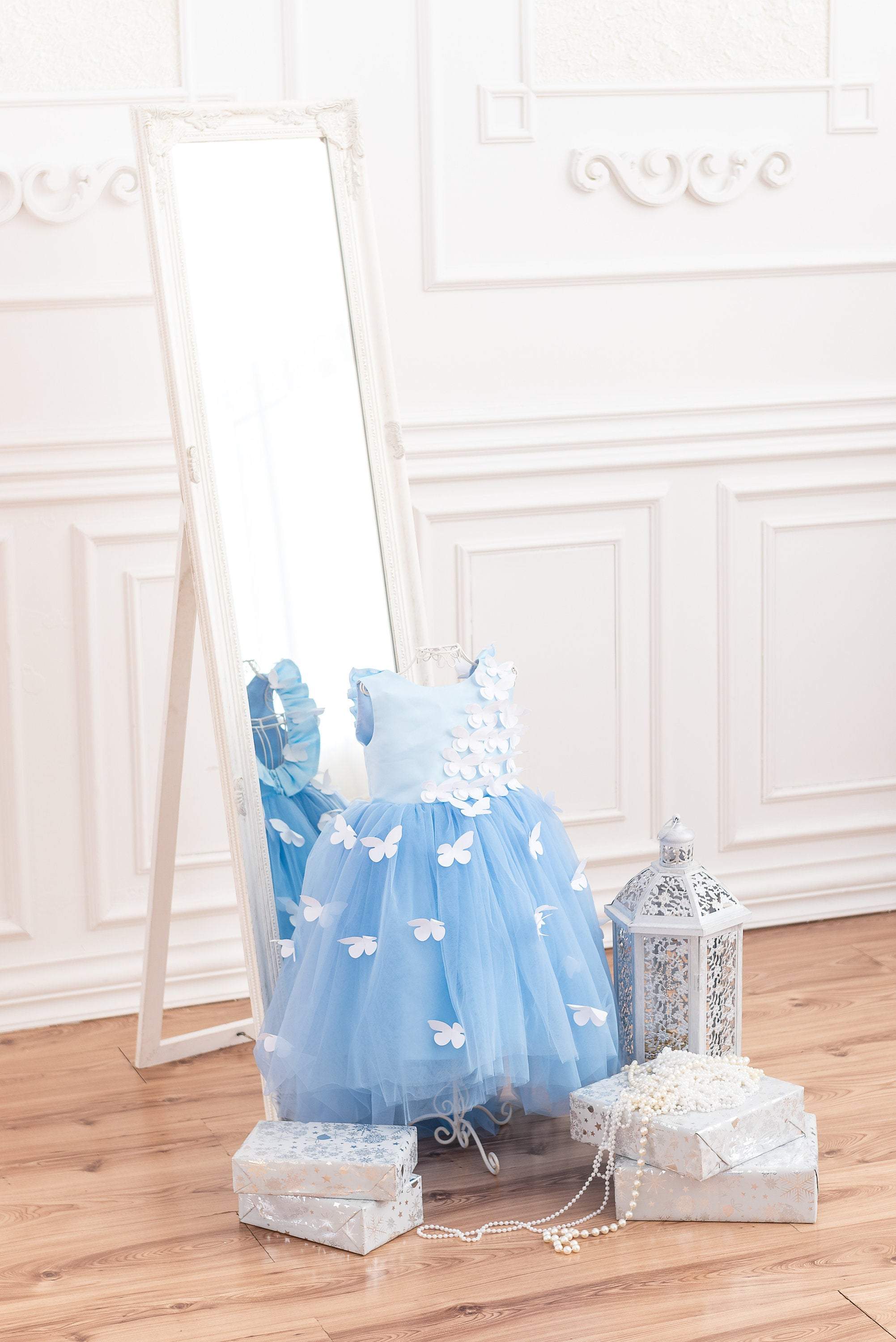 Light blue dress with white butterflies "Claire" for little princesses Light blue dress with white butterflies "Claire" for little princesses