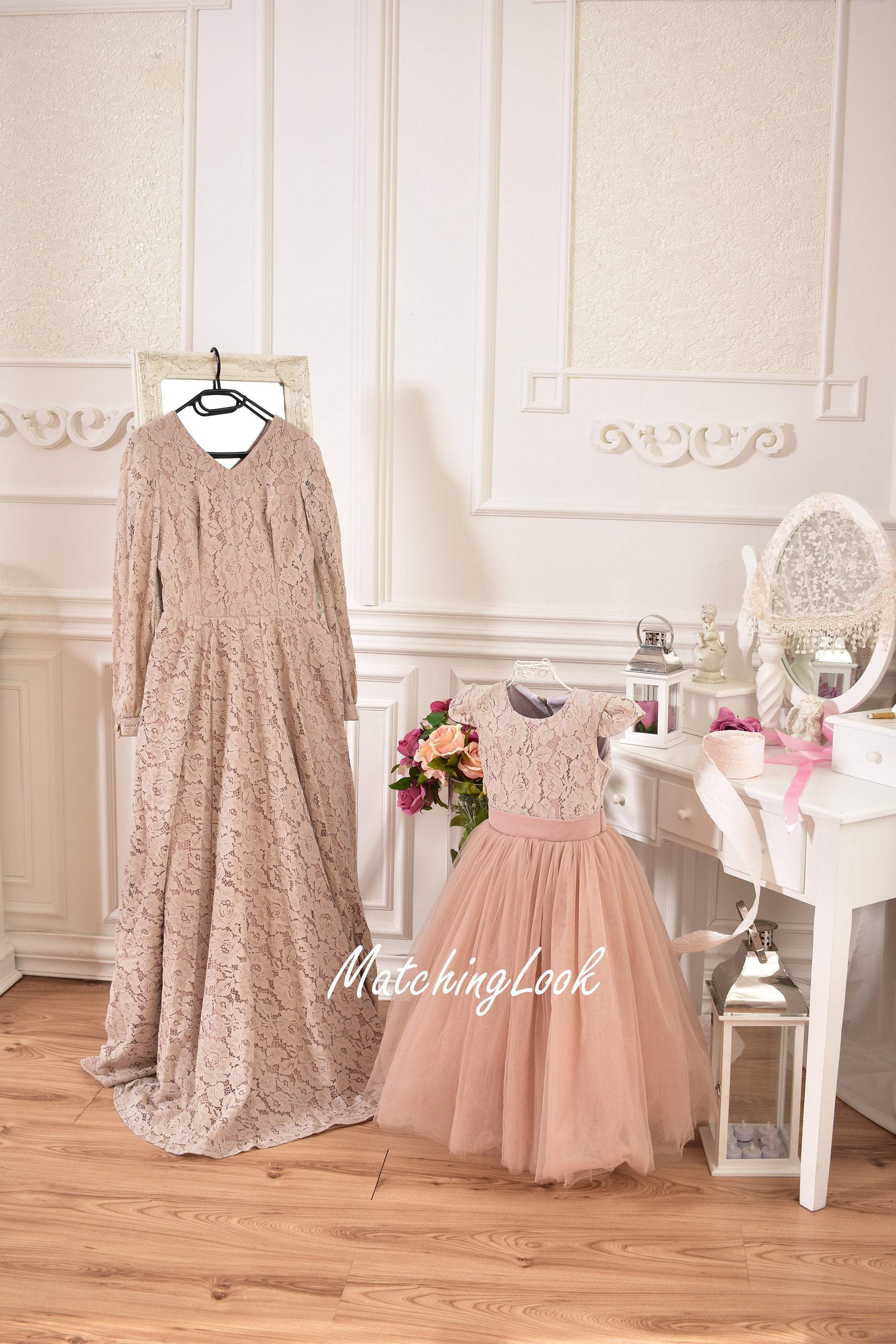 Lace long dresses for mother and daughter ''Ella'' in beige color Lace long dresses for mother and daughter ''Ella'' in beige color
