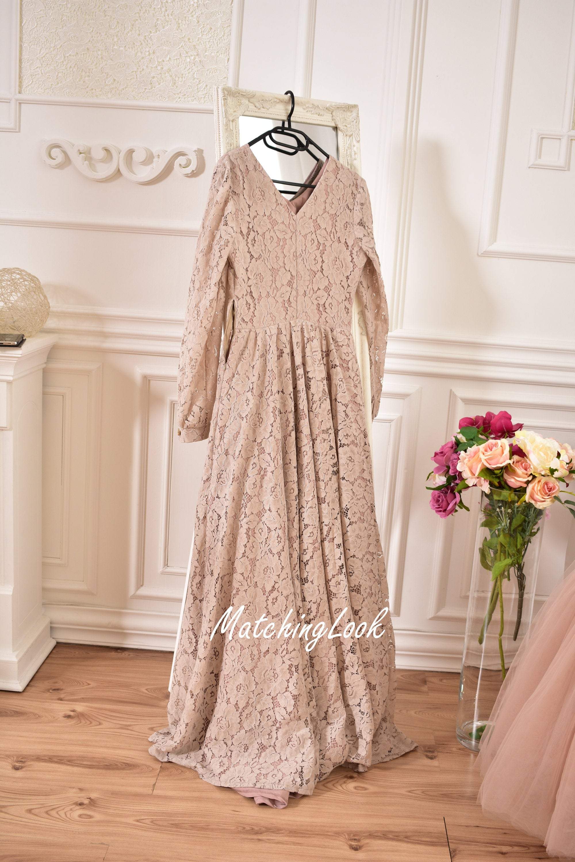 Lace long dresses for mother and daughter ''Ella'' in beige color Lace long dresses for mother and daughter ''Ella'' in beige color