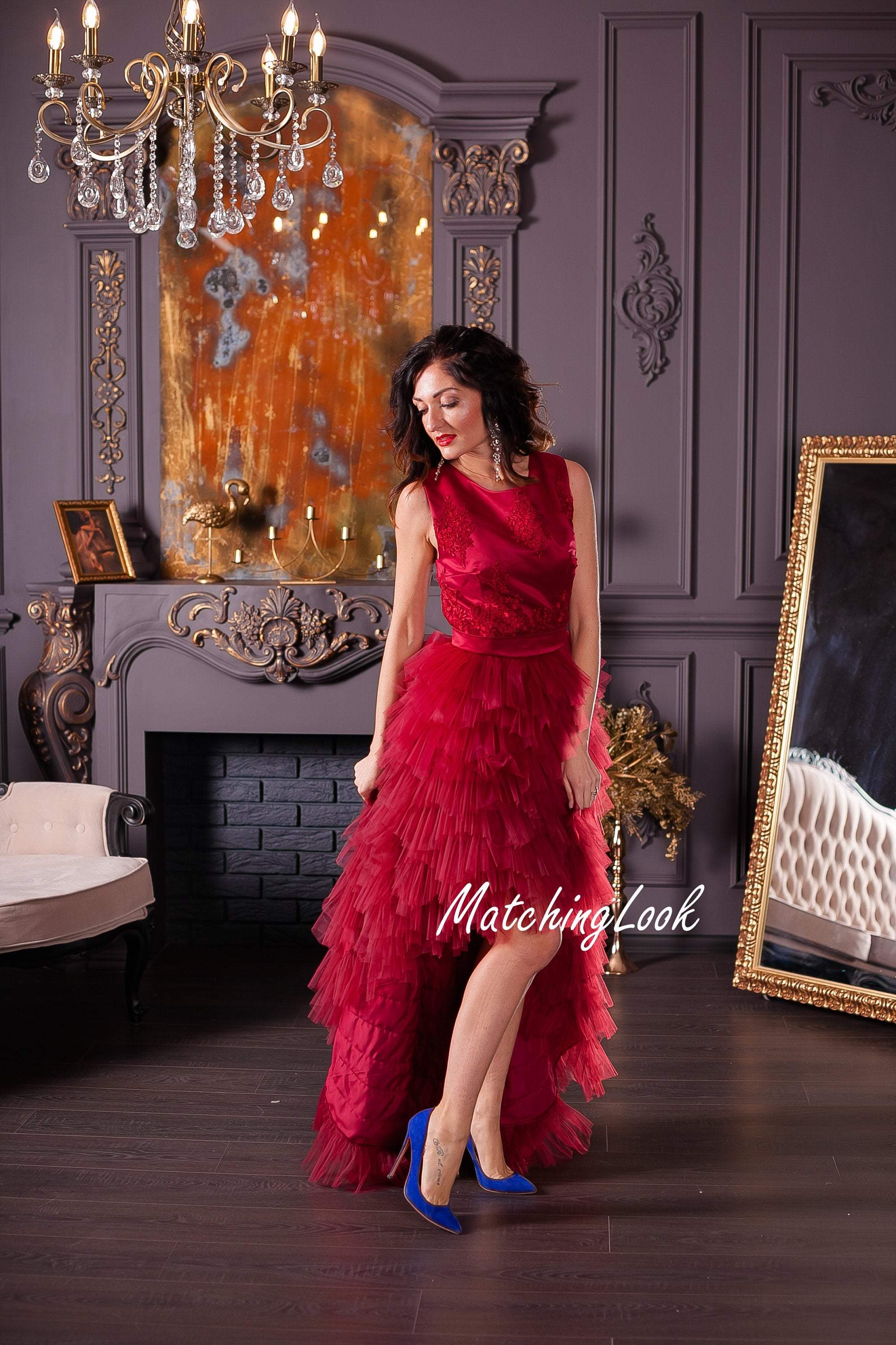 Dark red/burgundy tiered tulle evening dress - hi low Ruffle tulle dre Dark red/burgundy tiered tulle evening dress - hi low Ruffle tulle dre