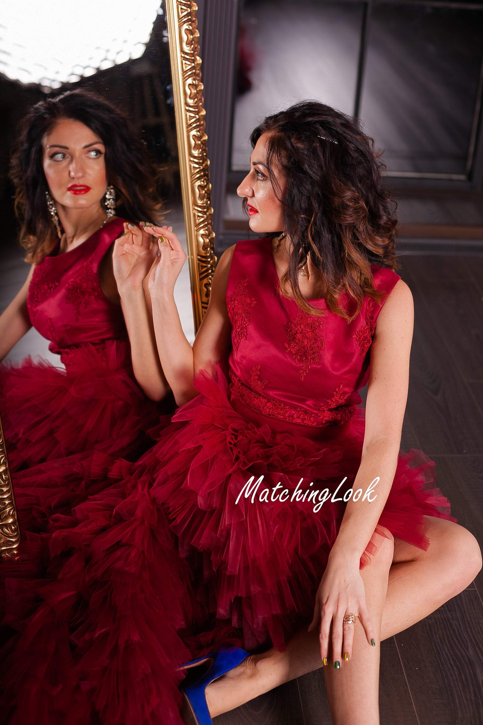 Dark red/burgundy tiered tulle evening dress - hi low Ruffle tulle dre Dark red/burgundy tiered tulle evening dress - hi low Ruffle tulle dre