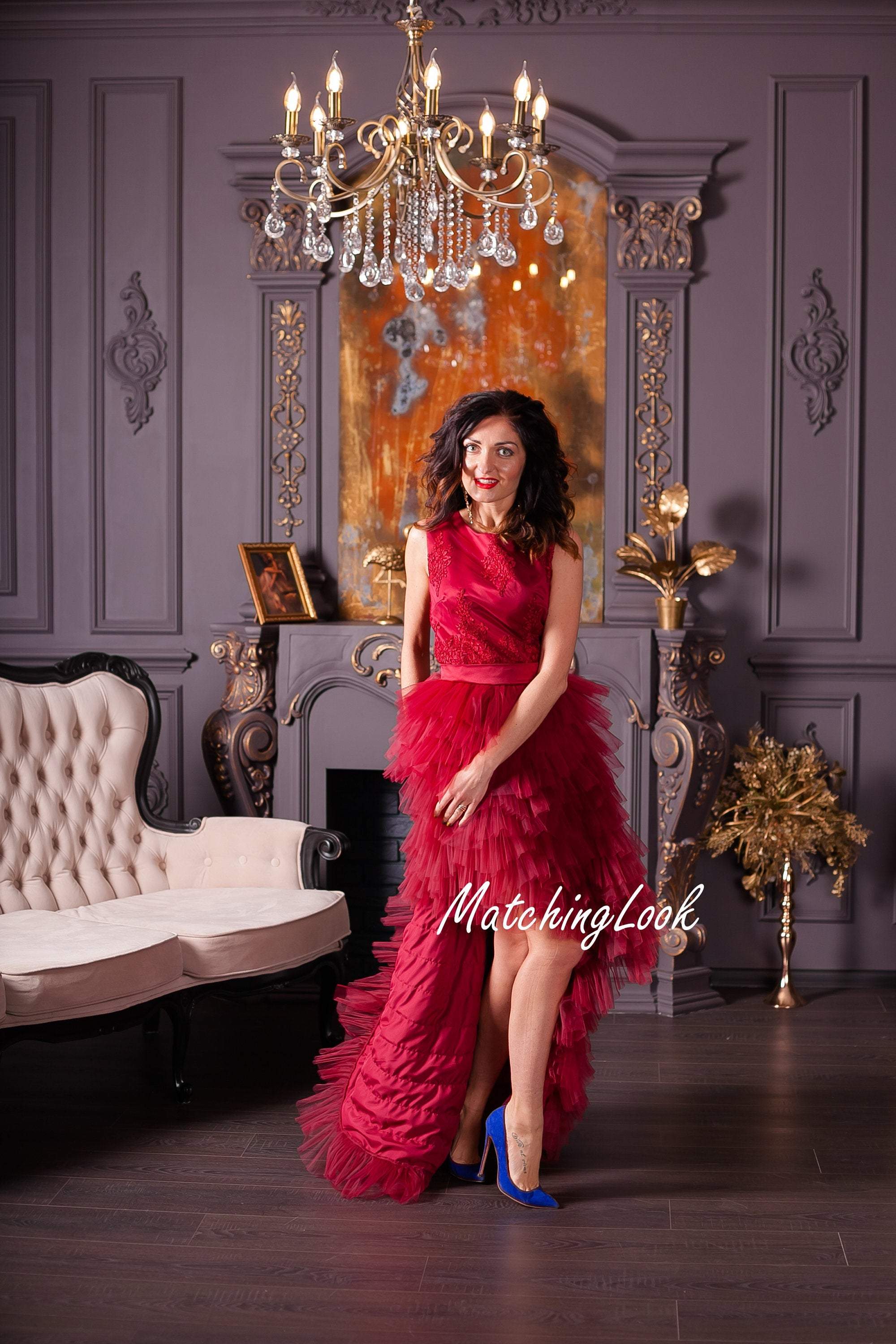 Dark red/burgundy tiered tulle evening dress - hi low Ruffle tulle dre Dark red/burgundy tiered tulle evening dress - hi low Ruffle tulle dre