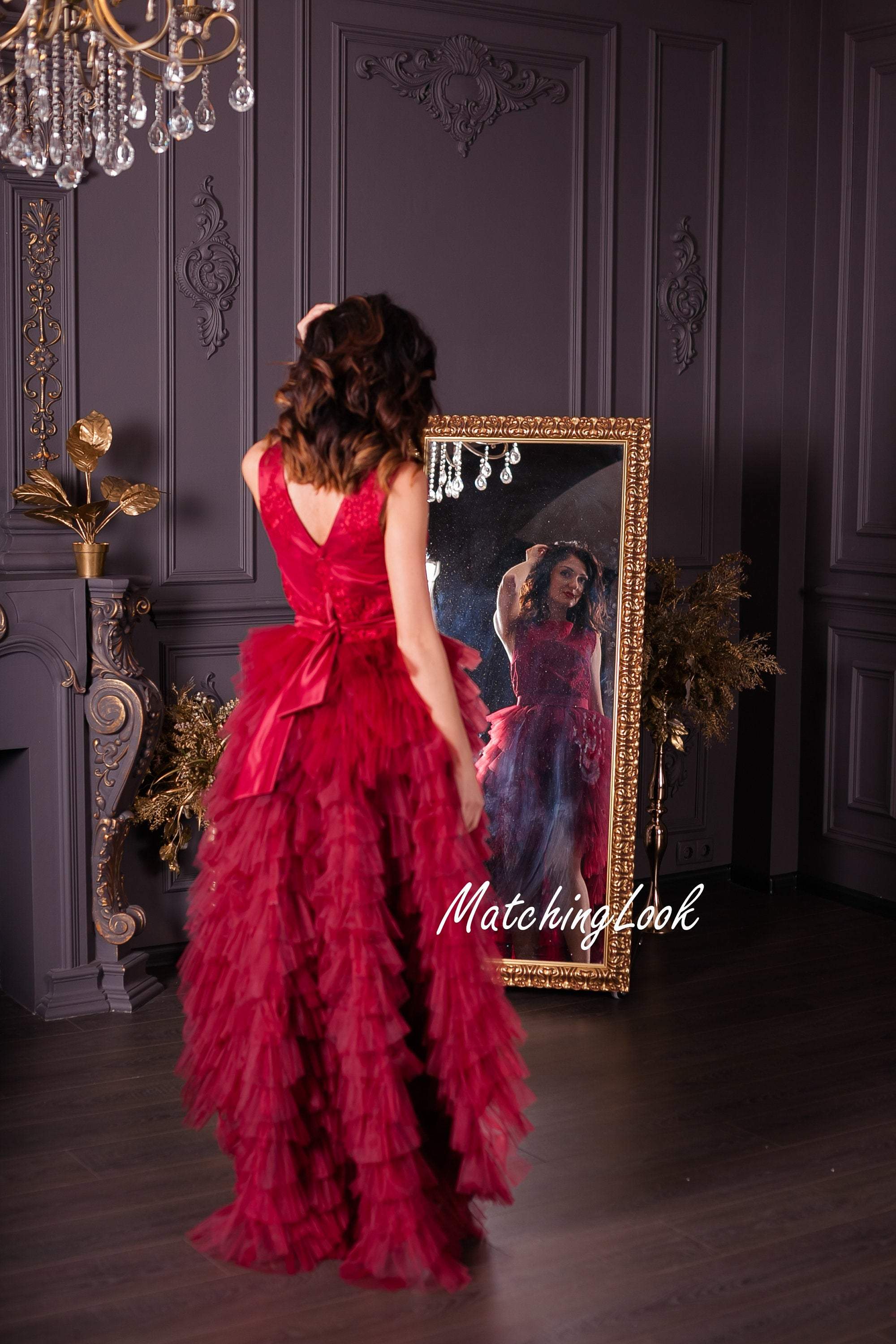 Dark red/burgundy tiered tulle evening dress - hi low Ruffle tulle dre Dark red/burgundy tiered tulle evening dress - hi low Ruffle tulle dre