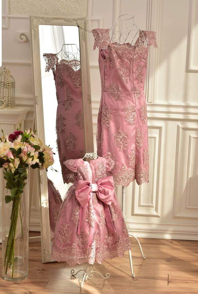 Golden lace dresses in powder pink color "Dana" for mother and daughte Golden lace dresses in powder pink color "Dana" for mother and daughte