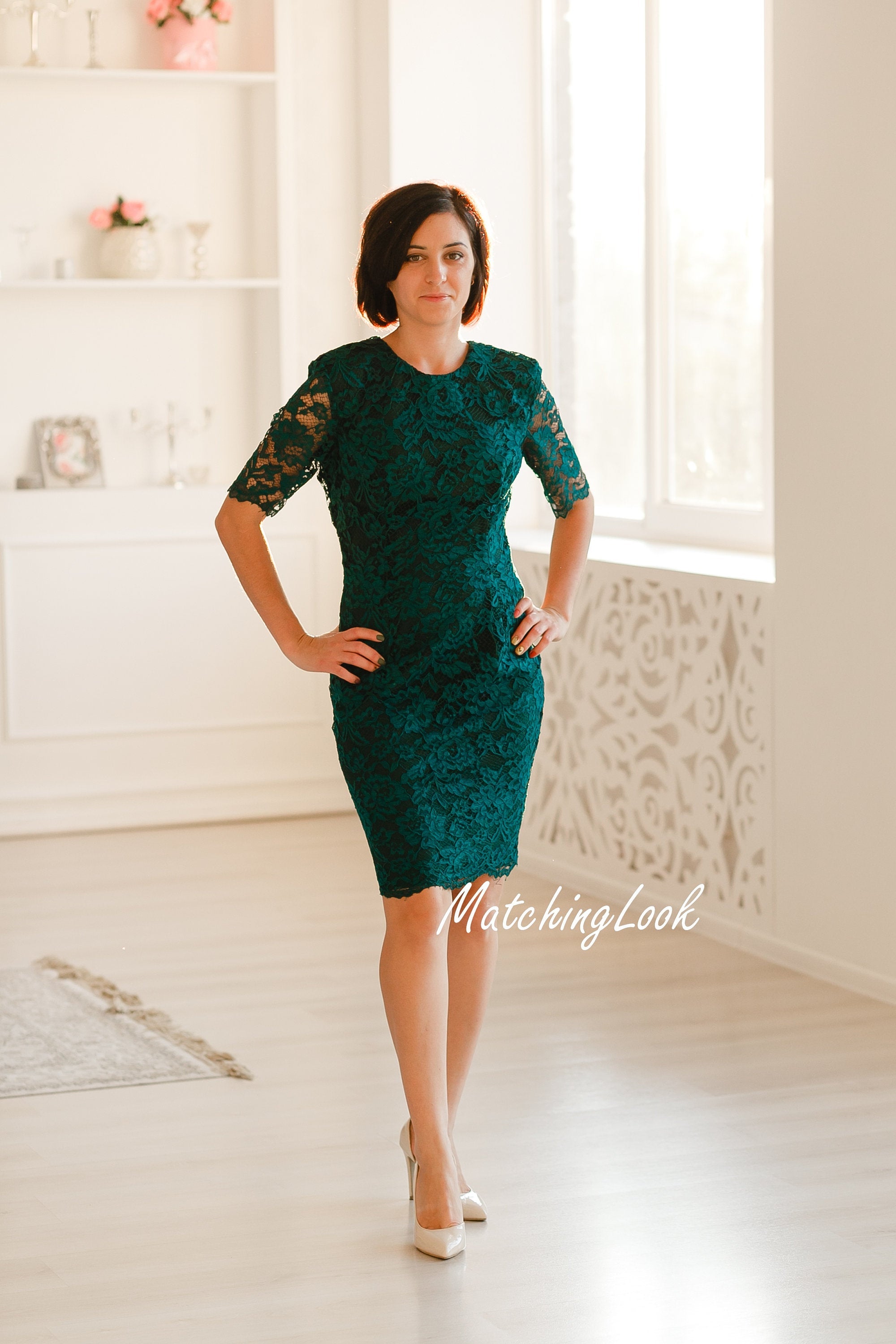 Emerald Green Dress, Women Lace Dress, Elegant Dress, Green Pencil Dre
