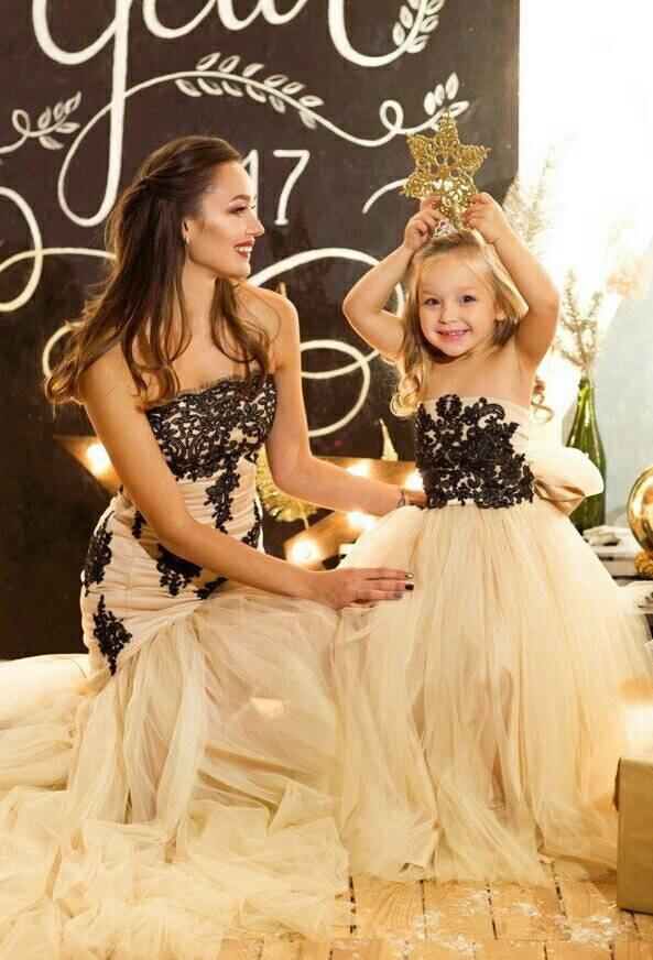 mother and daughter princess dress Shop Mother daughter matching train tulle dress for photoshoot Champagne lace dress Marmeid tulle lace princess dress Ball gown Photo session -
