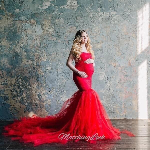Red maternity tulle dress for