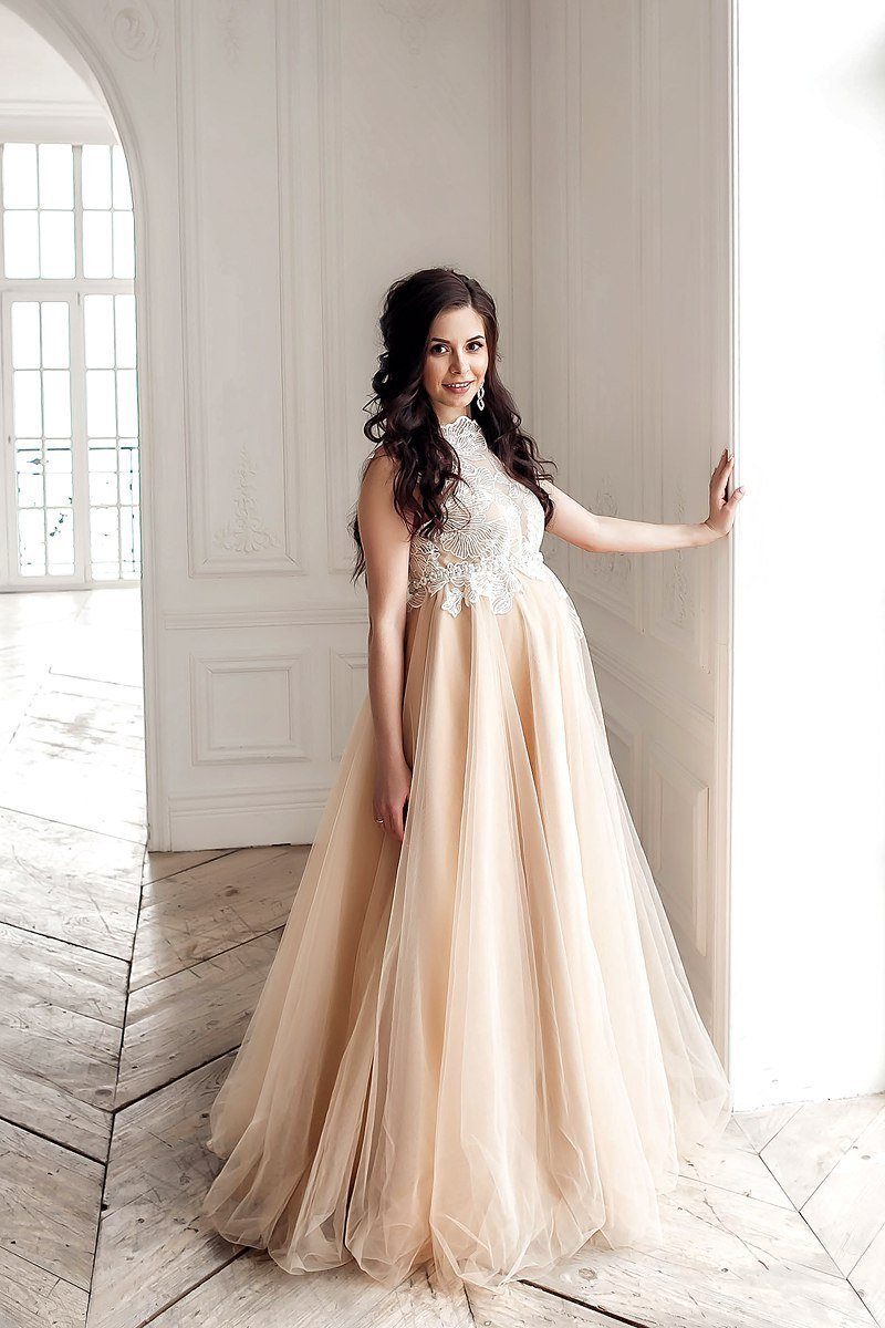 cream color maternity dress Chic Champagne Scoop Maxi Maternity Dress for Photoshoot