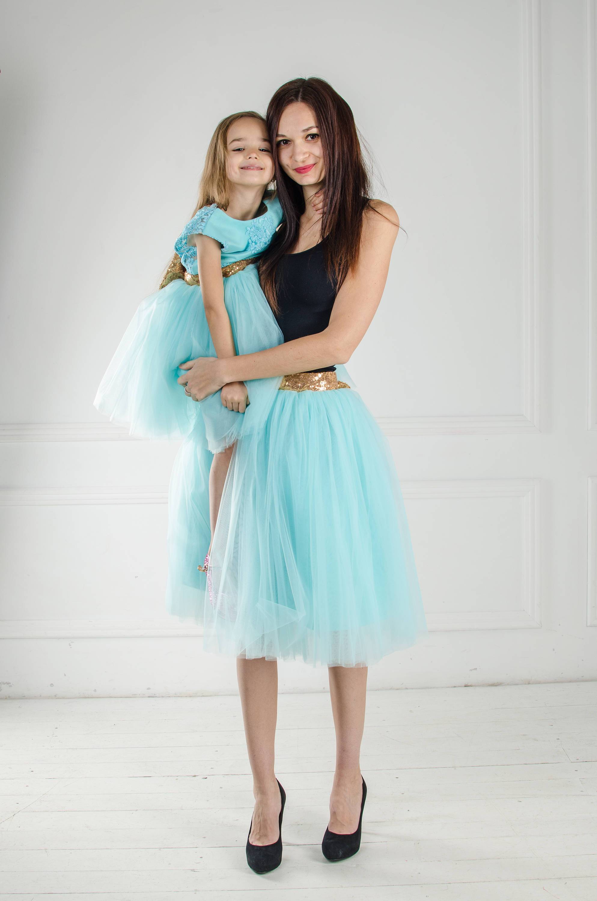 Chunky tulle dresses in turquoise color for mother and daughter "Gabri Chunky tulle dresses in turquoise color for mother and daughter "Gabri